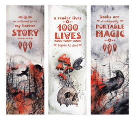 Bookmark for Horror book with Magic fantasy illustration, dark magical forest and ravens, mushrooms. dead skull. Ready to print bookmark template with motivation text. - 515931734