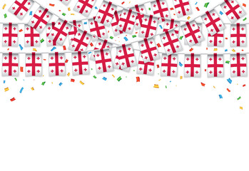 Georgia flags garland white background with confetti, Hanging bunting for Georgian independence Day celebration template banner, Vector illustration