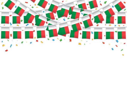 Madagascar flags garland white background with confetti, Hanging bunting for Independence Day celebration template banner, Vector illustration