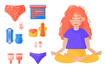 Various means for the menstrual cycle, menstrual cup, pads, tampons, a girl sits meditating during the period. The concept of zero waste is reusable. Vector set illustration in cartoon style