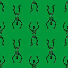 Seamless pattern with black skeletons dancing and having fun on a green background.