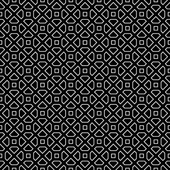 Repeated white polygons on black background. Symmetric geometric figures wallpaper. Seamless surface pattern design with pentagons and squares. Tiles motif. Digital paper for textile print. Vector art