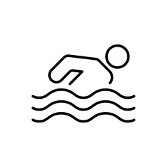 Athlete Stick Man Swim in Sea Black Line Icon. Sport Swimmer Dive in Pool Outline Pictogram. Human Simple Figure Motion in Water Flat Symbol. Editable Stroke. Isolated Vector Illustration