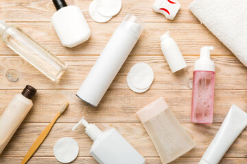 Mockup for bathing products top view flat lay, spa razor, toothpaste, soap, gel and other various accessories. Cosmetics for skin health. Bath Mockup for your logo