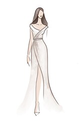 Wedding fashion illustration. Beige colour. Bride in a slit dress.