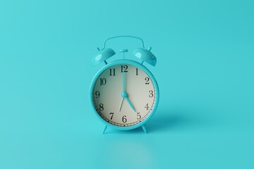 Turquoise retro alarm clock on turquoise background. Concept of wake up, getting up in the morning. Watch with bells on the background. 3d render, 3d illustration