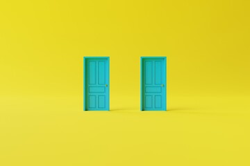 Two closed doors on the background. The concept of making decisions, entering new places, crossing borders. 3d render, 3d illustration