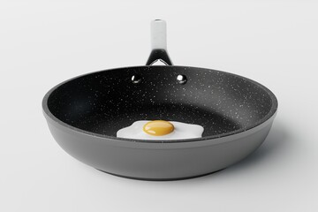 Pan with a fried egg on a light background. The concept of preparing a dish with egg, frying an egg in a pan. 3d render, 3d illustrator