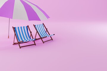 Sun loungers on the beach. The concept of rest by the sea, sunbathing. 3D rendering, 3D illustration.