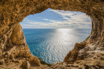 Scenic view of Grotta dei Falsari or Forgers cave near Noli, Liguria, Italy