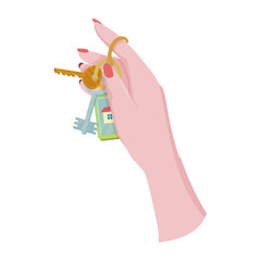 Hands holding house keys. The concept of buying or renting a home. Keys to the apartment. Vector illustration.