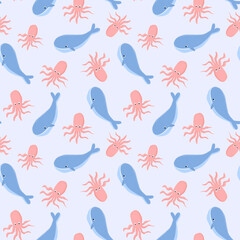 Vector Underwater seamless pattern for kids with whale and octopus.