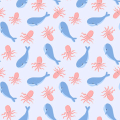 Vector Underwater seamless pattern for kids with whale and octopus.