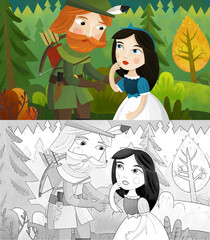 cartoon scene knight and princess in the forest sketch