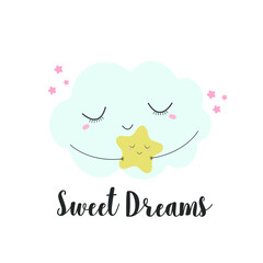 Sweet Dreams. Nursery cute drawn cloud and stars. Print with blue hite cloud on a white background.Vector illustration for print or design