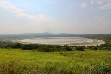 rainbow over the vulcano lake in uganda