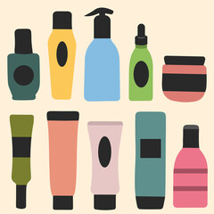 Cosmetic containers of different shapes for cream, lotion, shampoo, gel, balsam, conditioner, spray. Cartoon vector Illustration.