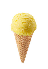 Mango ice cream scoop with cone isolated on white background