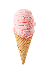 Strawberry ice cream scoops with cone isolated on white background