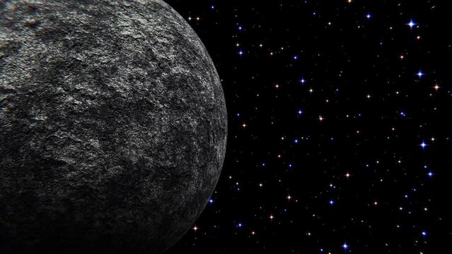 Side camera 3D animation of the dead star or moon or planet against colorful star field rendered in UHD