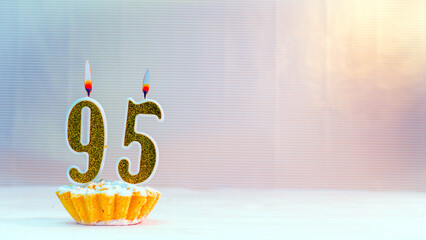 Happy birthday card from candles with the number  95, golden numbers from candles for...