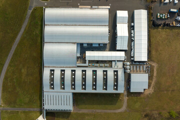 Aerial view of new factory building for producing and shipping of industrial equipment