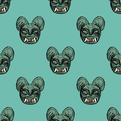 Seamless animal pattern with heads of jaguar demon. Moche art from ancient Peru. Native American art of Peruvian Indians. On green background. © Olena