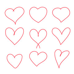 Doodle set of hand drawn red hearts on a white background. Vector abstract hearts for design.