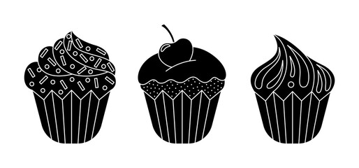 Vector glyph cupcake set. Three isolated black shapes of sweet desserts with cherry, sprinkles and butter cream on white