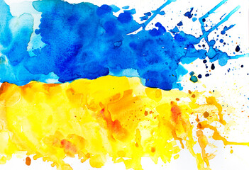 Fototapeta premium Ukrainian flag painted in watercolor. Yellow and blue flag of Ukraine