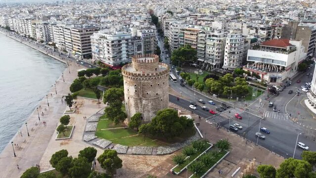 White Tower of Thessaloniki, the most famous Historic Monument in the city. Aerial Panoramic view video