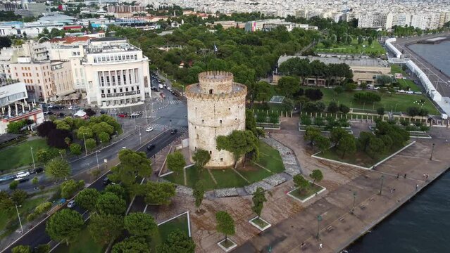 White Tower of Thessaloniki, the most famous Historic Monument in the city. Aerial Panoramic view video