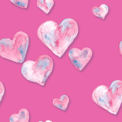 Pink with blue hearts watercolor painting - seamless pattern on dark pink background