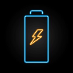 battery neon sign, modern glowing banner design, colorful modern design trends on black background. Vector illustration.