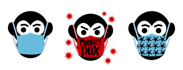 Monkeypox virus outbreak icon set. Vector gorilla in face mask. Health monkey pox emergency. Viral smallpox infection