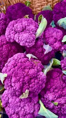Purple cauliflower heads with green leaves piled in basket at farmers market 