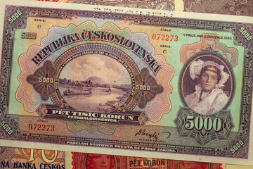 Detail of the Czechoslovak 5000 crowns banknote from 1920, 1st Republic