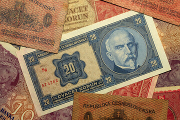 Detail of the Czechoslovak 20 crowns banknote from 1926, 1st Republic