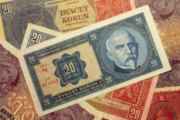 Detail of the Czechoslovak 20 crowns banknote from 1926, 1st Republic
