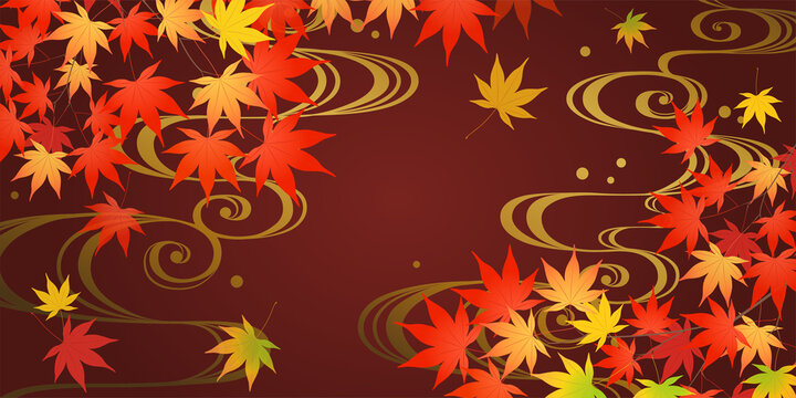 紅葉と流水紋の和風背景　紅色（2：1）_ベクターイラスト