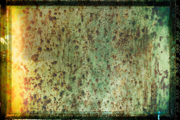 Artistic vintage photo with film strip frame and grain - Colorful rusty steel plate background