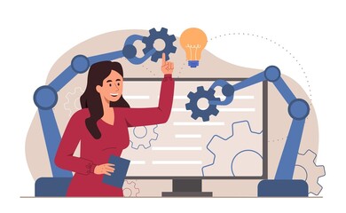 Business process automation concept. Young smiling businesswoman uses mechanical arms to increase productivity. Innovative technologies for company development. Cartoon flat vector illustration