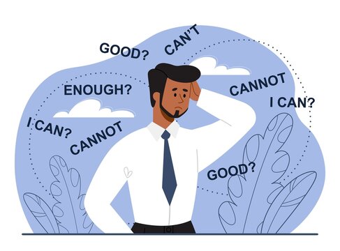 Self doubt and imposter syndrome. Young male entrepreneur with low self esteem feels insecure when making decisions. Negative thinking and mental problems. Cartoon modern flat vector illustration