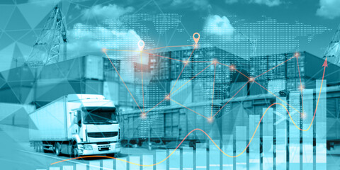 Freight transportation, logistics. Global transport network, chart of growth of delivery, export or...