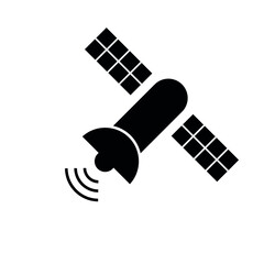 Black telecommunication satellite symbol. Vector illustration isolated on white background.