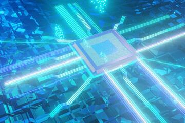 CPU and microchip. Central Computer Processors CPU. ic. Quantum computer. CPU Chip on Motherboard. Illuminated blue background.