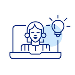 Woman sharing innovational ideas via web conference. Pixel perfect, editable stroke line art