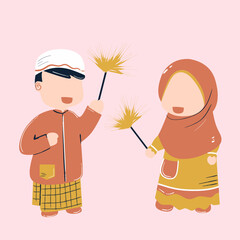 Two muslim kids are playing fireworks at islamic celebration