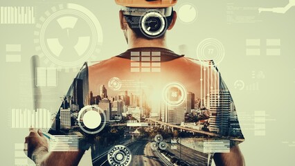 Future building construction and inventive engineering project concept with HUD hologram graphic design. Building engineer, architect people or construction worker works with modern civil technology.