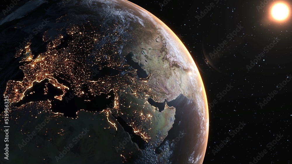 Wall mural planet earth with realistic geography surface and orbital 3d cloud atmosphere . outer space view of 